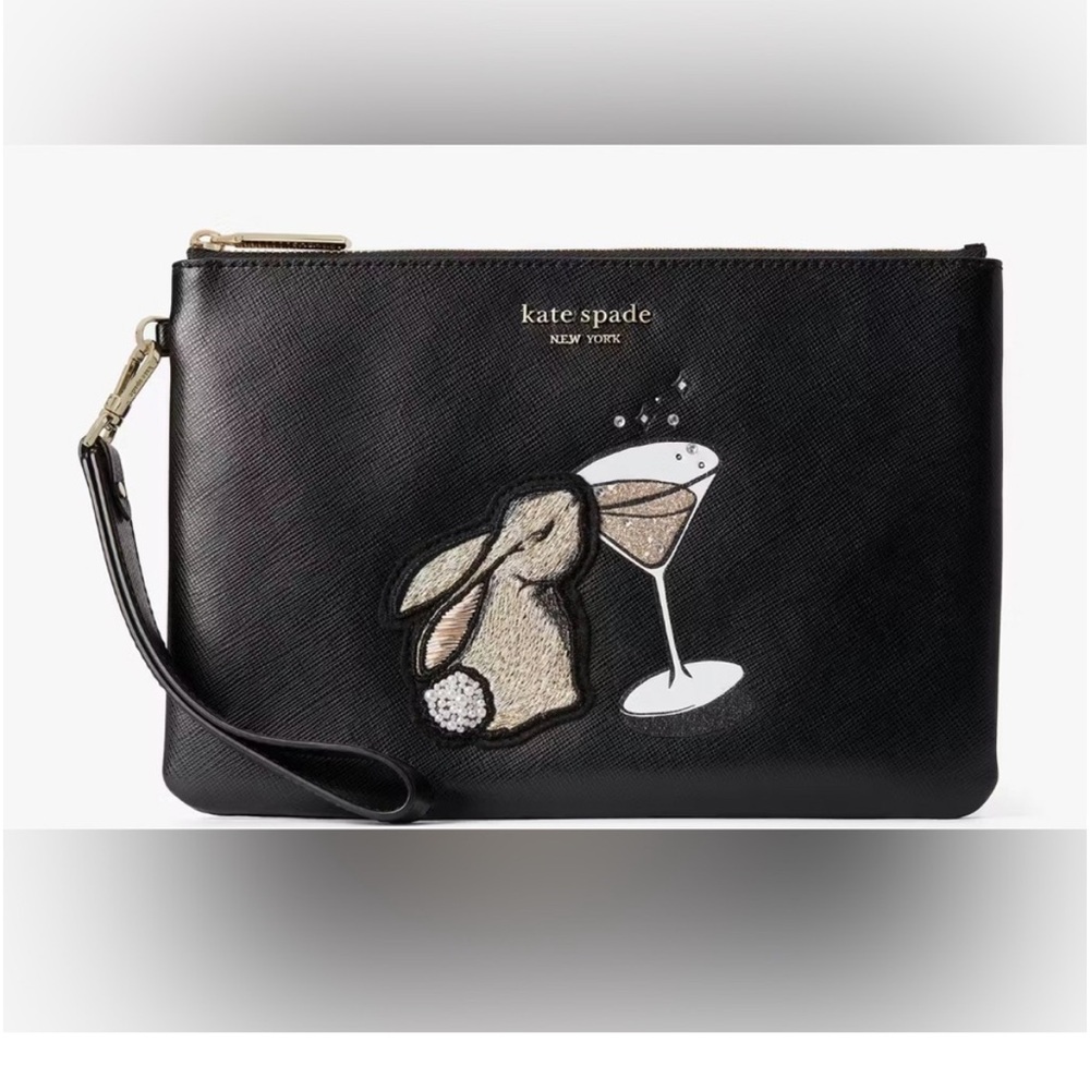 NWT Kate Spade Bun Bun Bunny Saffiano  Leather Wristlet - BLACK